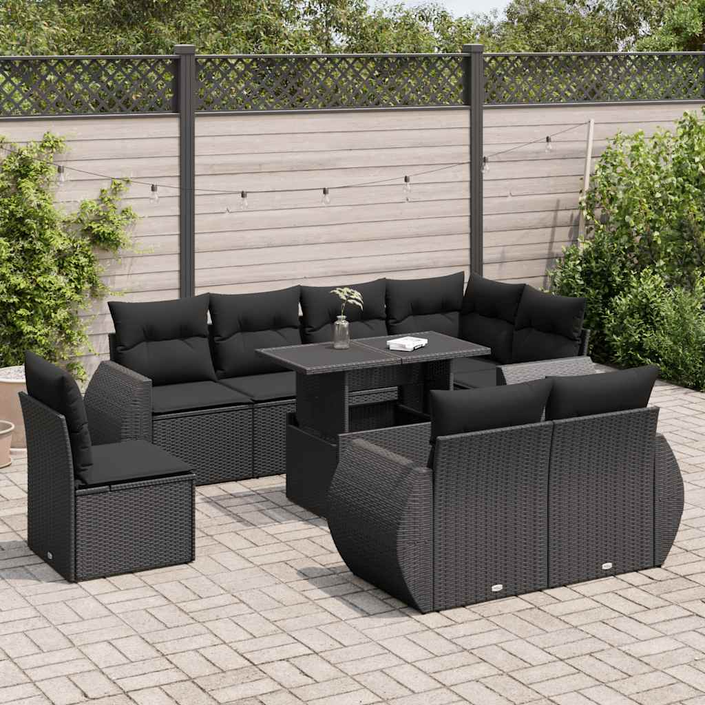 vidaXL 9-tlg. Garten-Sofagarnitur mit Kissen Schwarz Poly Rattan