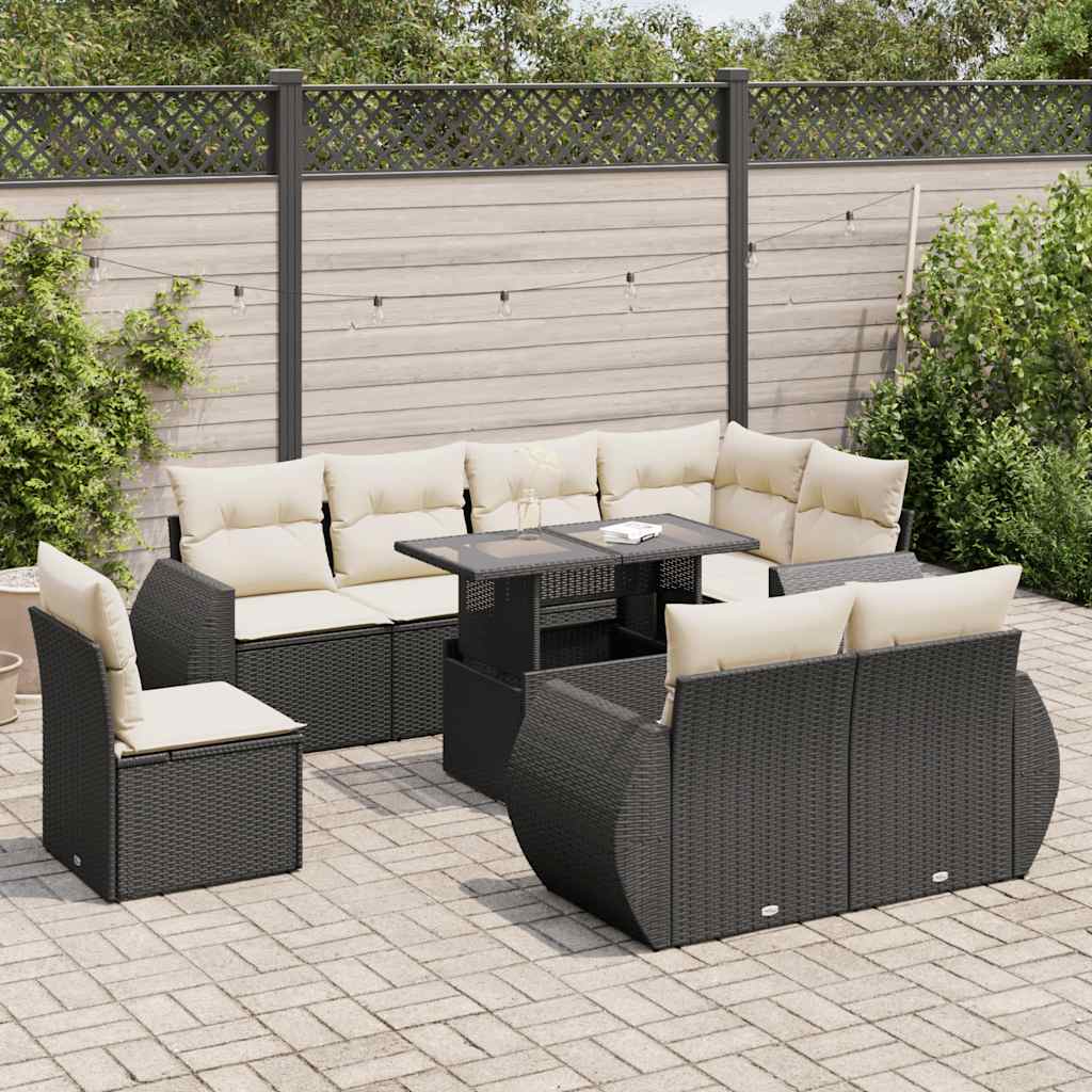 vidaXL 9-tlg. Garten-Sofagarnitur mit Kissen Schwarz Poly Rattan