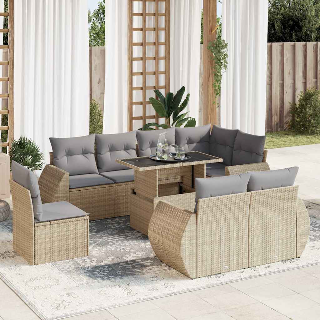 vidaXL 9-tlg. Garten-Sofagarnitur mit Kissen Beige Poly Rattan