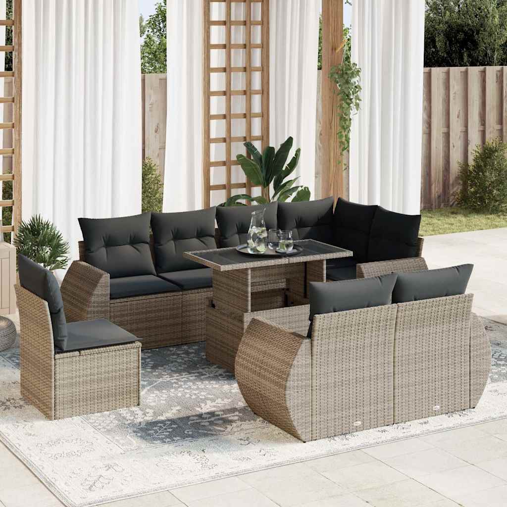 9-tlg. Garten-Sofagarnitur mit Kissen Grau Poly Rattan