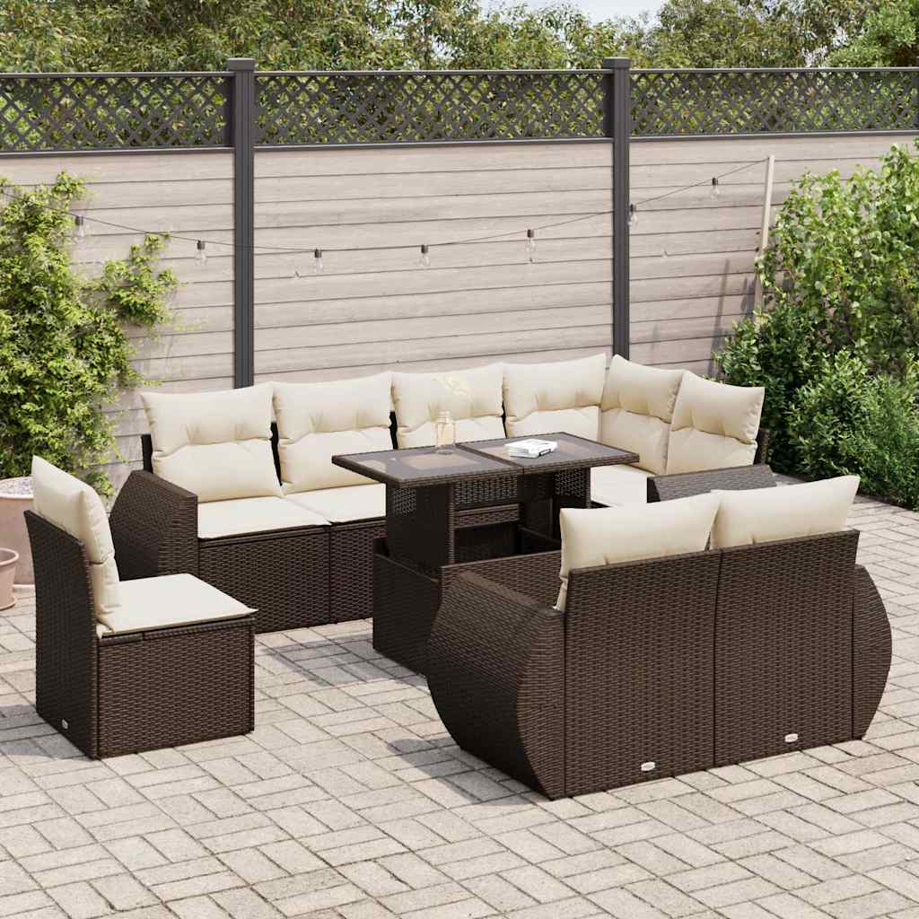 9-tlg. Garten-Sofagarnitur mit Kissen Braun Poly Rattan