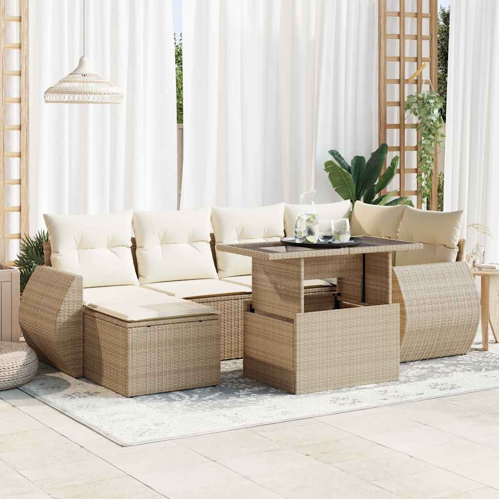 vidaXL 7-tlg. Garten-Sofagarnitur mit Kissen Beige Poly Rattan