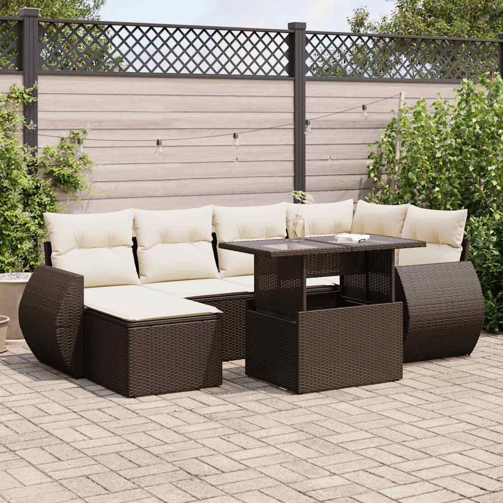 7-tlg. Garten-Sofagarnitur mit Kissen Braun Poly Rattan