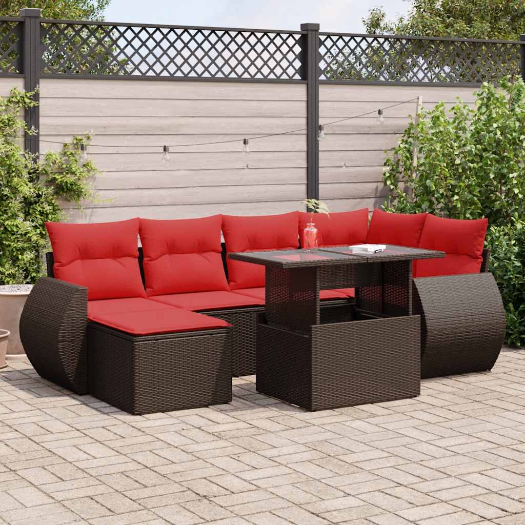 7 Piece Garden Sofa Set with Cushions Brown Poly Rattan Acacia