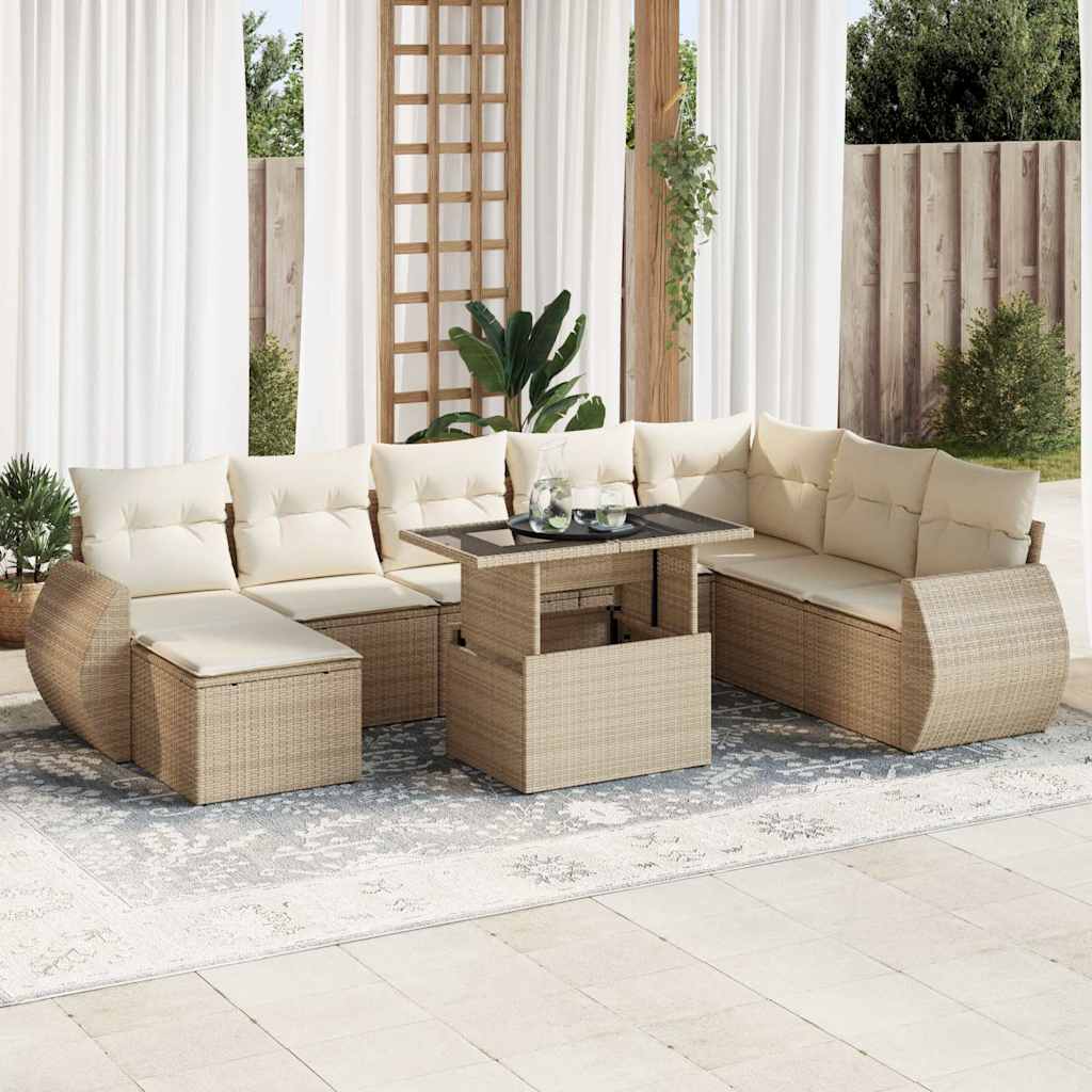 vidaXL 9-tlg. Garten-Sofagarnitur mit Kissen Beige Poly Rattan