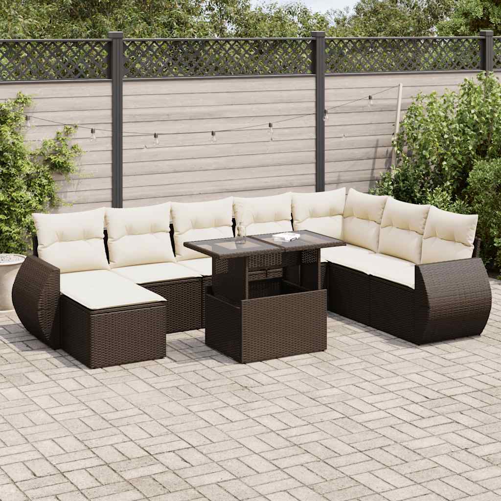 9-tlg. Garten-Sofagarnitur mit Kissen Braun Poly Rattan