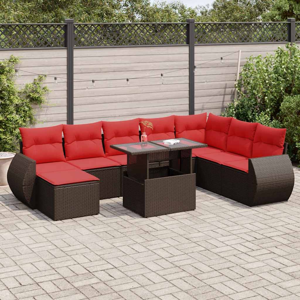11 Piece Garden Sofa Set with Cushions Brown Poly Rattan Acacia