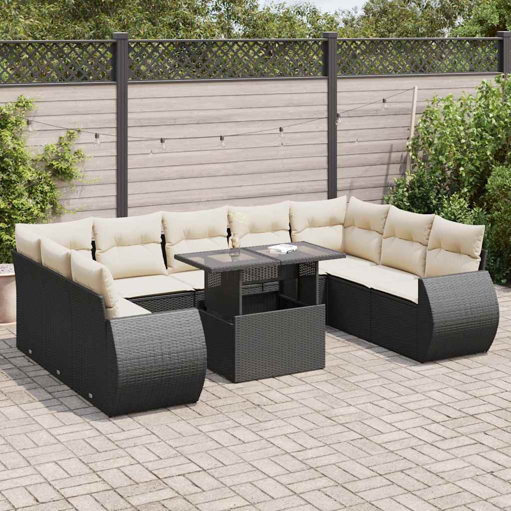 vidaXL 10-tlg. Garten-Sofagarnitur mit Kissen Schwarz Poly Rattan