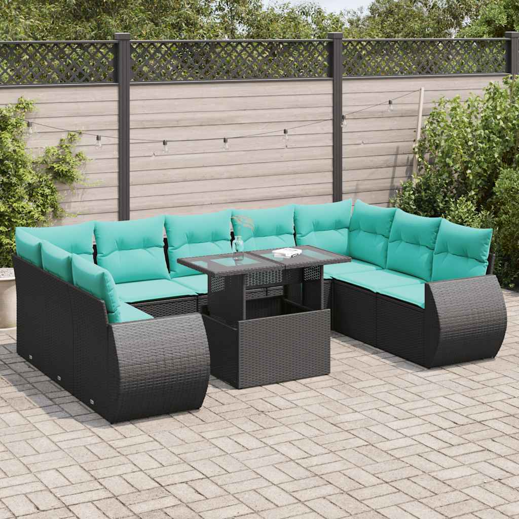 vidaXL 10-tlg. Garten-Sofagarnitur mit Kissen Schwarz Poly Rattan