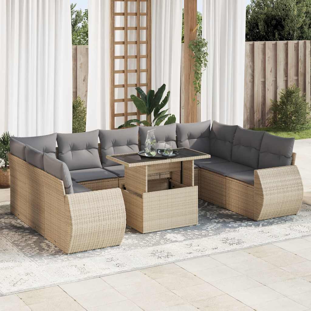 vidaXL 10-tlg. Garten-Sofagarnitur mit Kissen Beige Poly Rattan