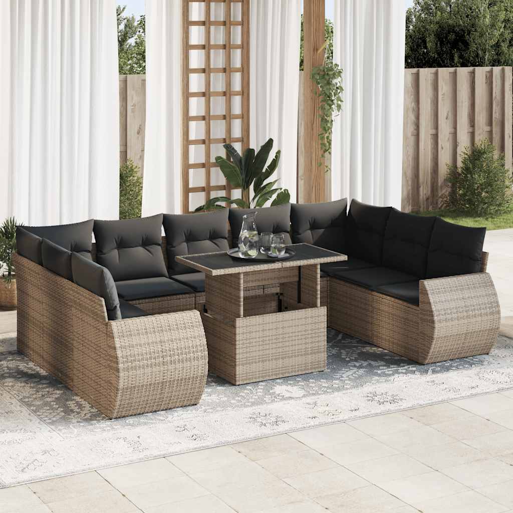 vidaXL Set mobilier de grădină cu perne, 10 piese, gri, poliratan