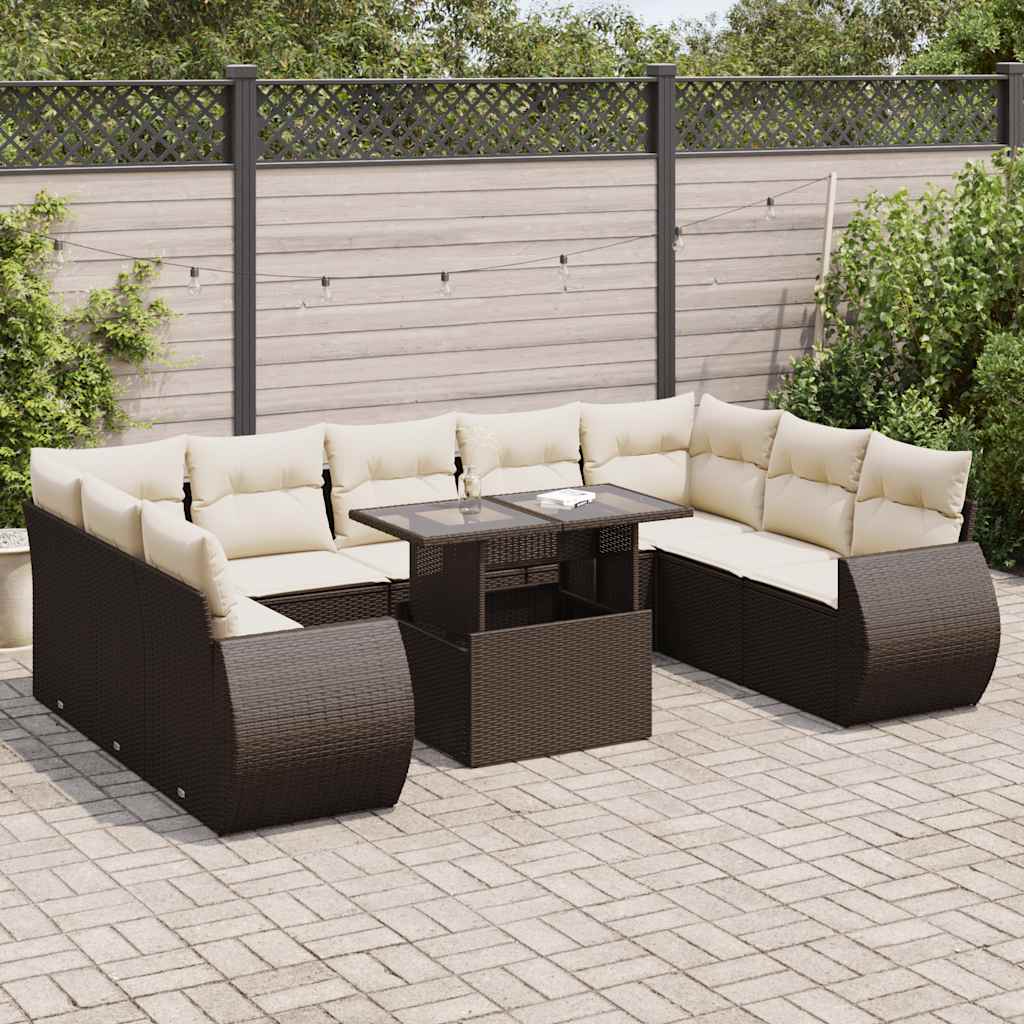 10-tlg. Garten-Sofagarnitur mit Kissen Braun Poly Rattan