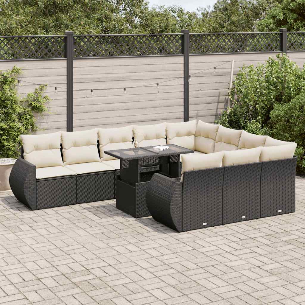 vidaXL 11-tlg. Garten-Sofagarnitur mit Kissen Schwarz Poly Rattan