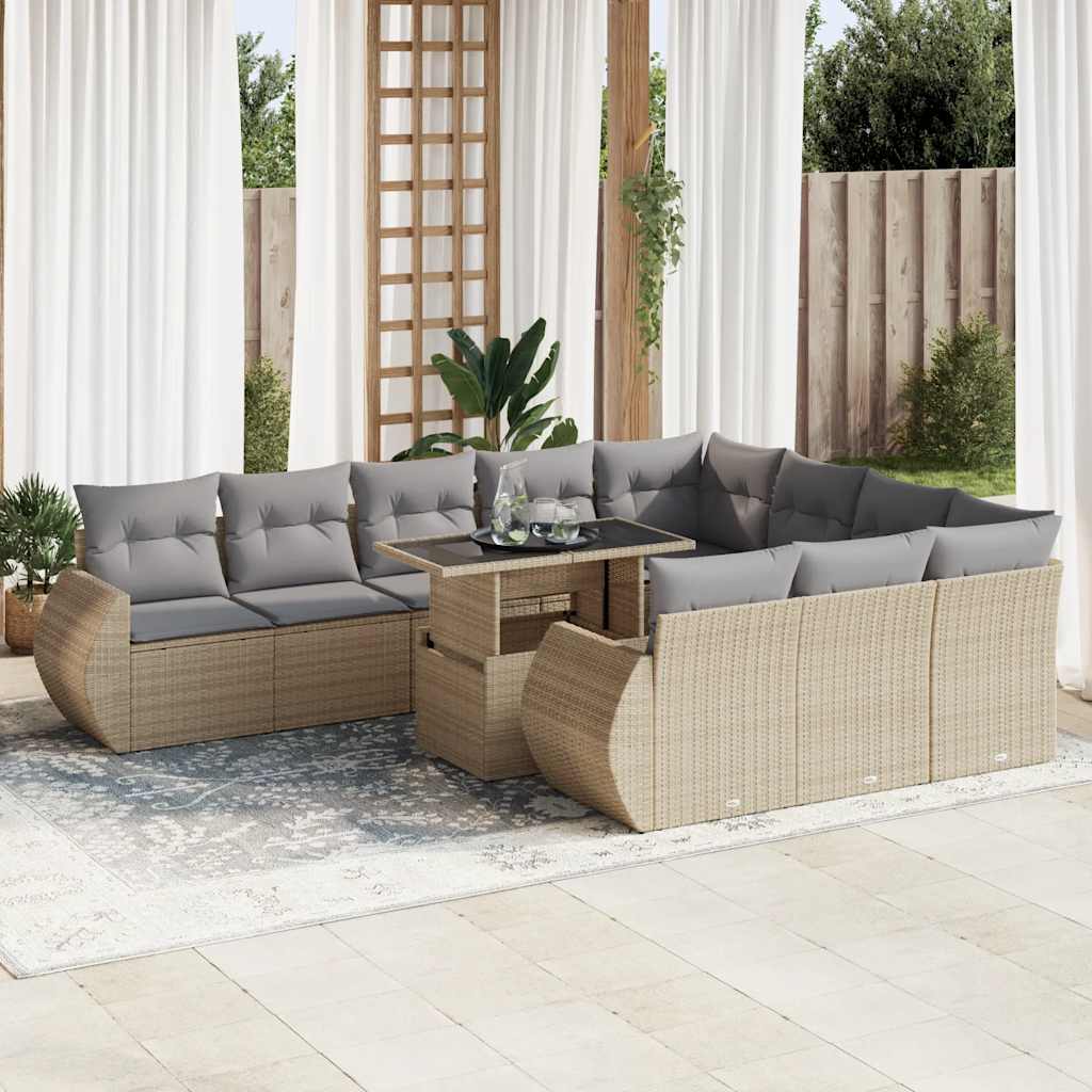 vidaXL 11-tlg. Garten-Sofagarnitur mit Kissen Beige Poly Rattan