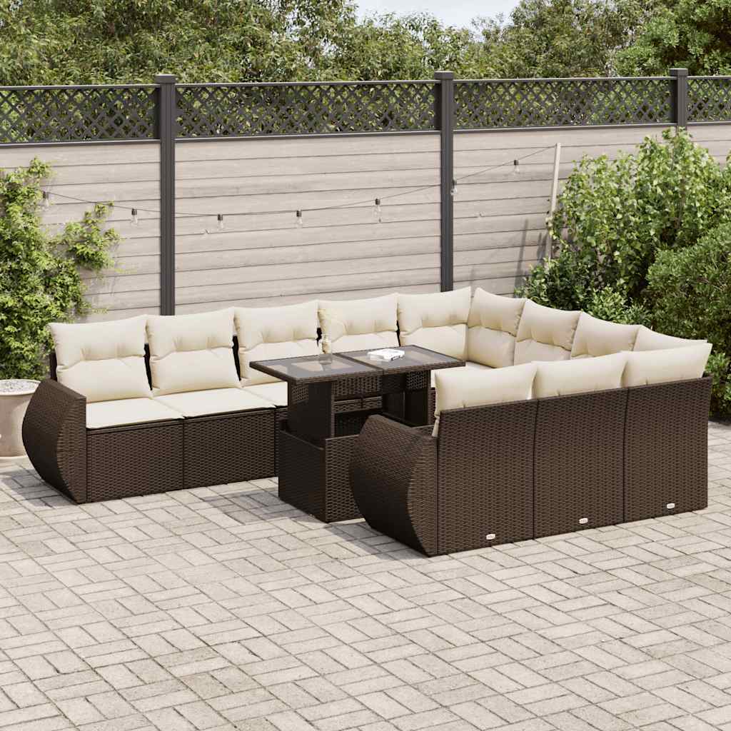 11-tlg. Garten-Sofagarnitur mit Kissen Braun Poly Rattan