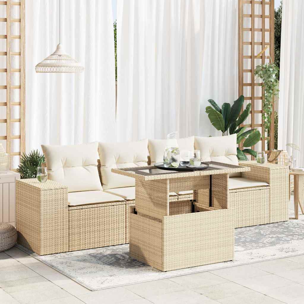 vidaXL 5-tlg. Garten-Sofagarnitur mit Kissen Beige Poly Rattan