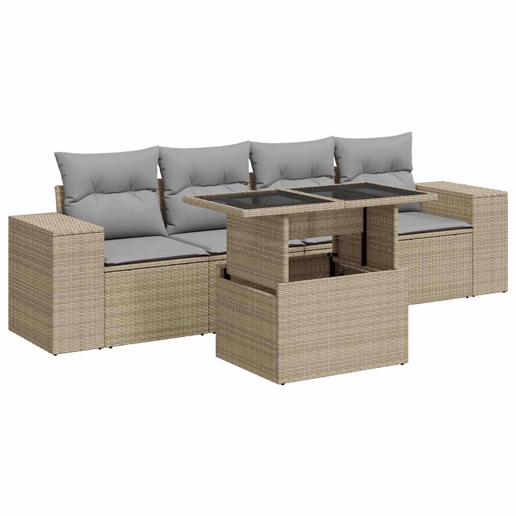 Thumbnail - vidaXL 5-tlg. Garten-Sofagarnitur mit Kissen Beige Poly Rattan