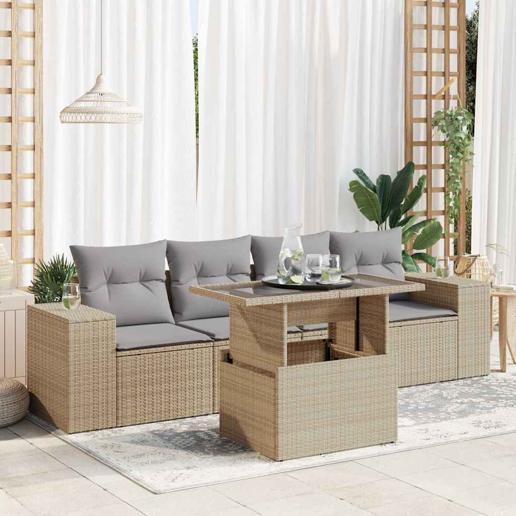 vidaXL 5-tlg. Garten-Sofagarnitur mit Kissen Beige Poly Rattan