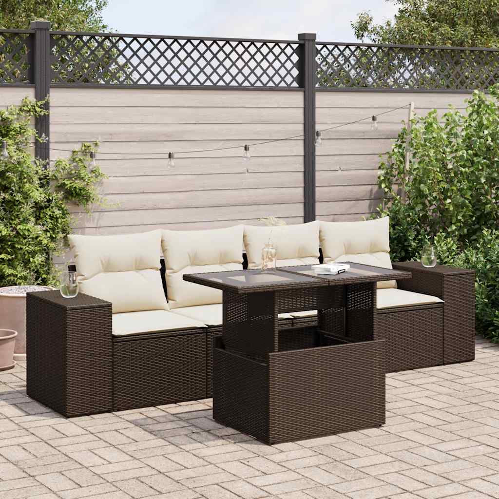 5-tlg. Garten-Sofagarnitur mit Kissen Braun Poly Rattan