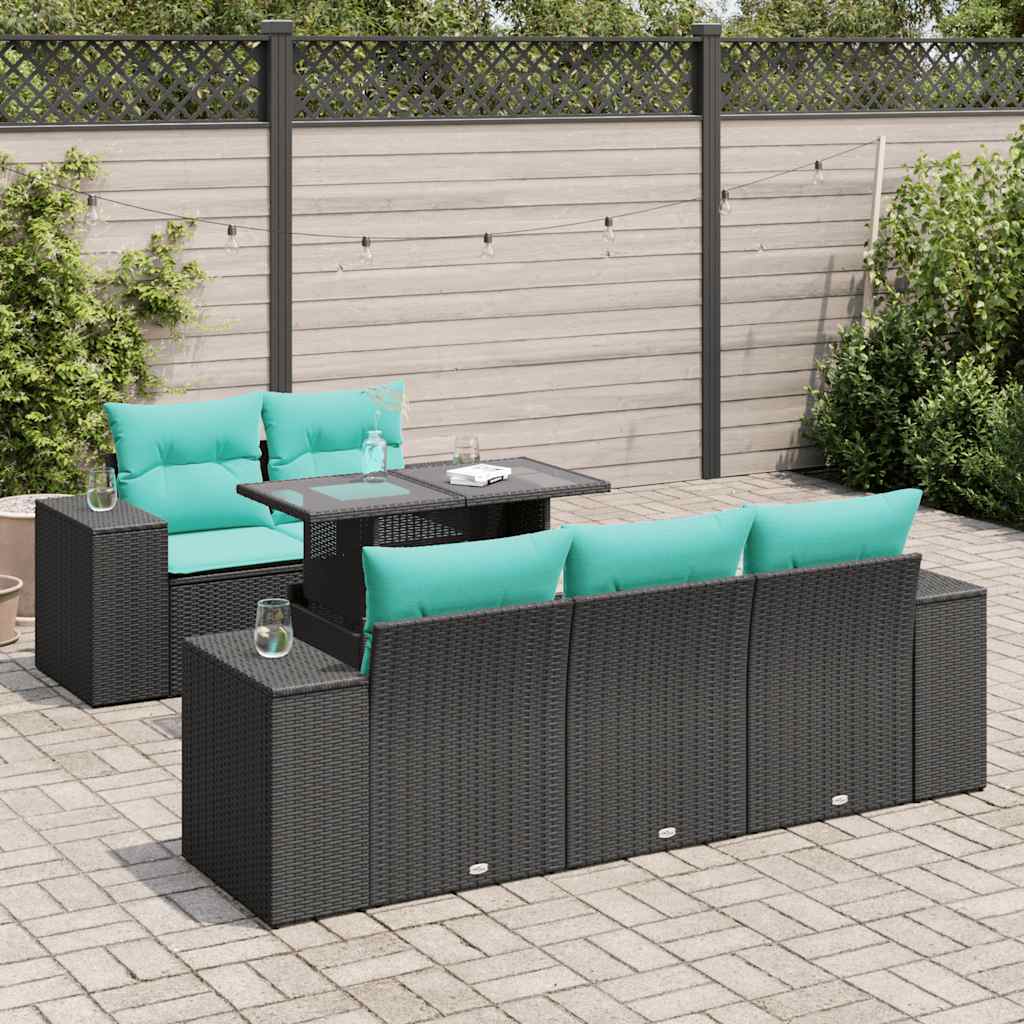 vidaXL 6-tlg. Garten-Sofagarnitur mit Kissen Schwarz Poly Rattan