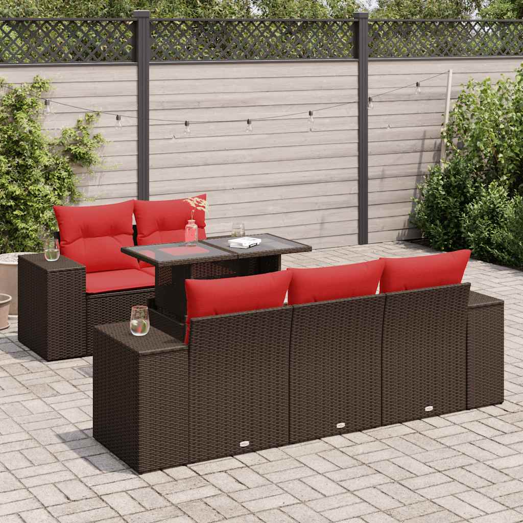 6 Piece Garden Sofa Set with Cushions Brown Poly Rattan Acacia