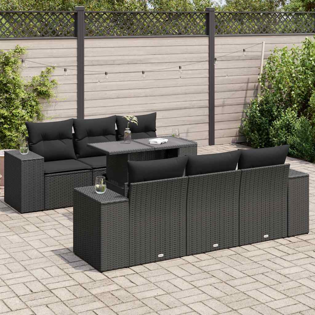 vidaXL 7-tlg. Garten-Sofagarnitur mit Kissen Schwarz Poly Rattan