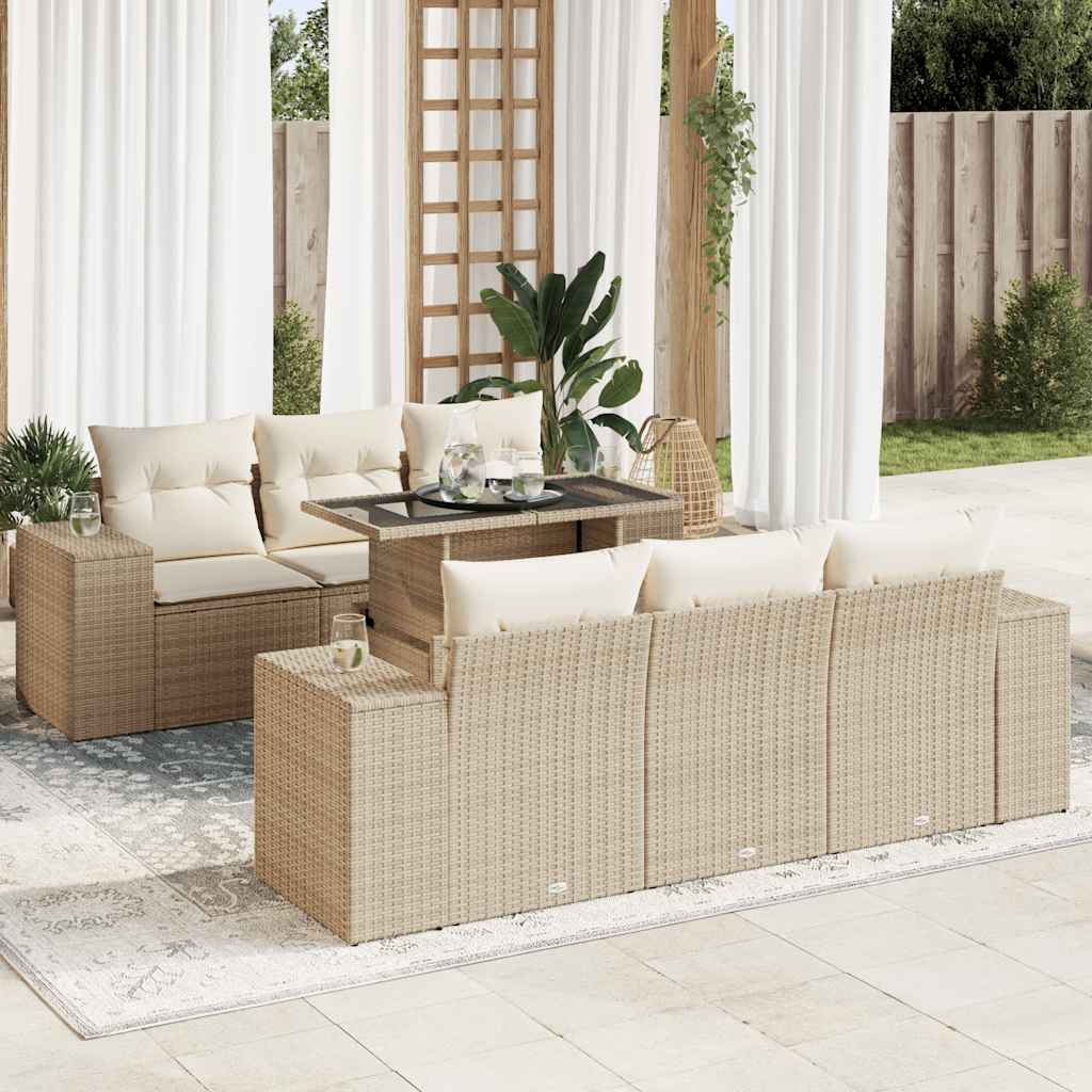 vidaXL 7-tlg. Garten-Sofagarnitur mit Kissen Beige Poly Rattan