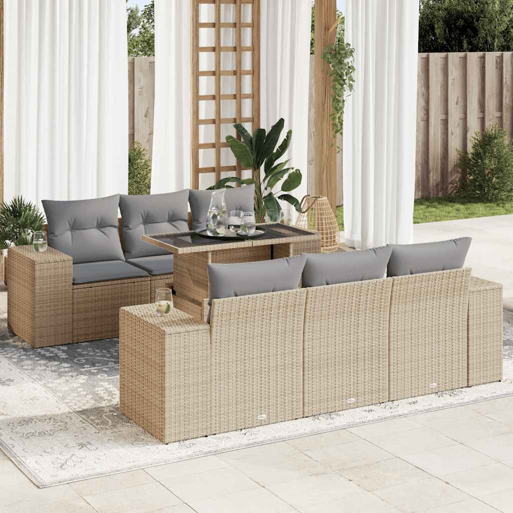 vidaXL 7-tlg. Garten-Sofagarnitur mit Kissen Beige Poly Rattan