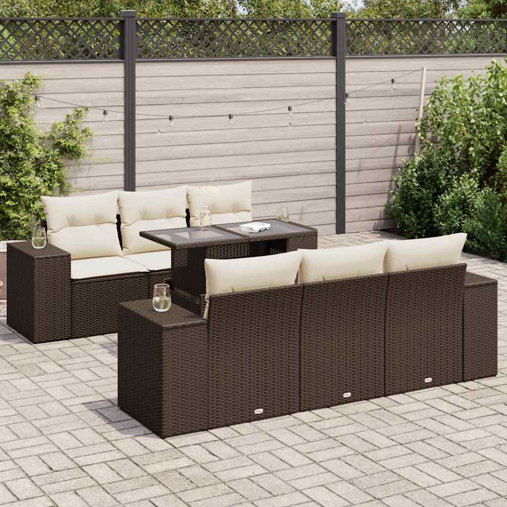 7-tlg. Garten-Sofagarnitur mit Kissen Braun Poly Rattan