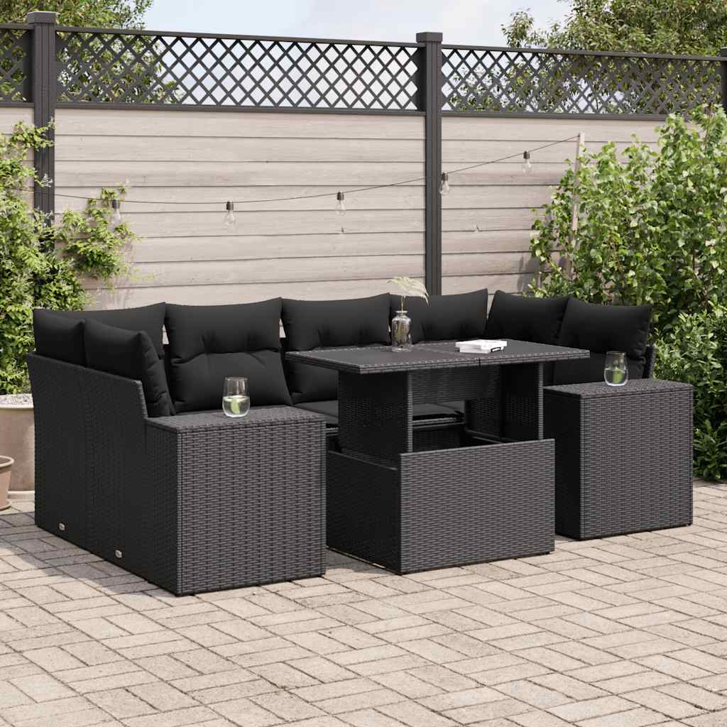 vidaXL 7-tlg. Garten-Sofagarnitur mit Kissen Schwarz Poly Rattan