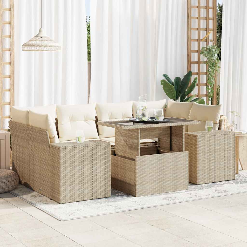 vidaXL 7-tlg. Garten-Sofagarnitur mit Kissen Beige Poly Rattan