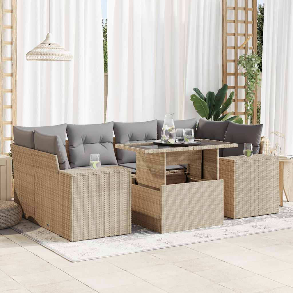 vidaXL 7-tlg. Garten-Sofagarnitur mit Kissen Beige Poly Rattan