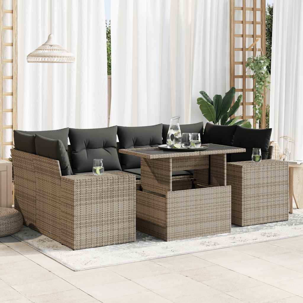 vidaXL Set canapele de grădină, 7 piese, cu perne, gri, poliratan