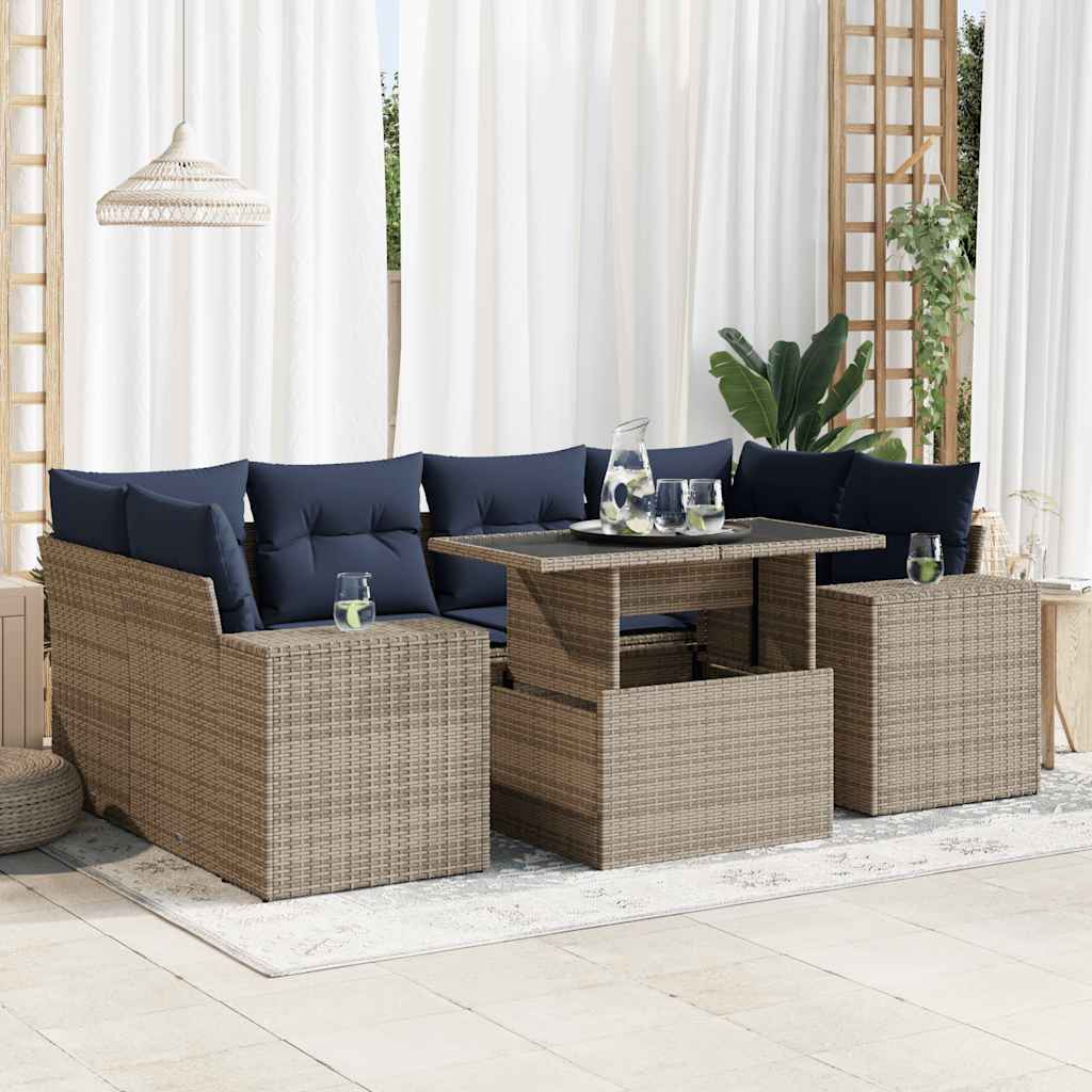7 Piece Garden Sofa Set with Cushions Grey Poly Rattan Acacia