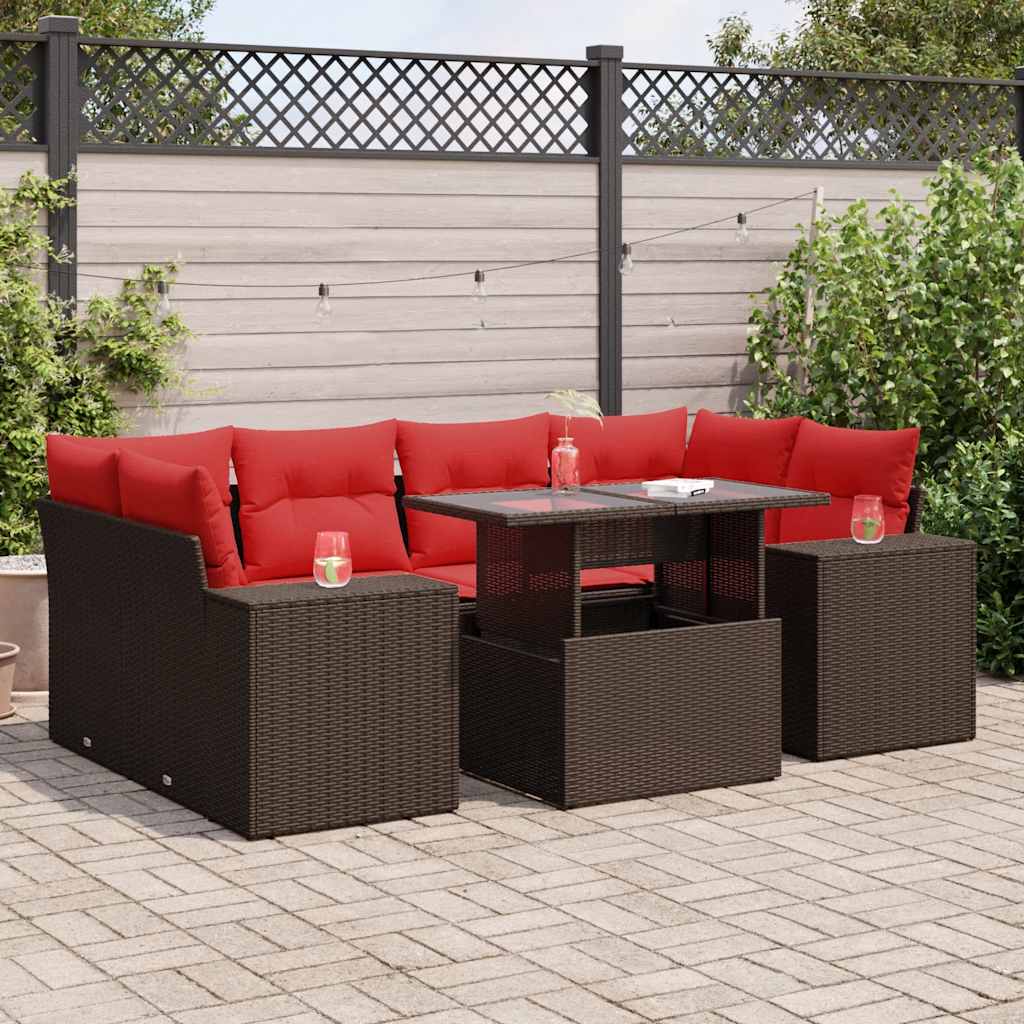7 Piece Garden Sofa Set with Cushions Brown Poly Rattan Acacia