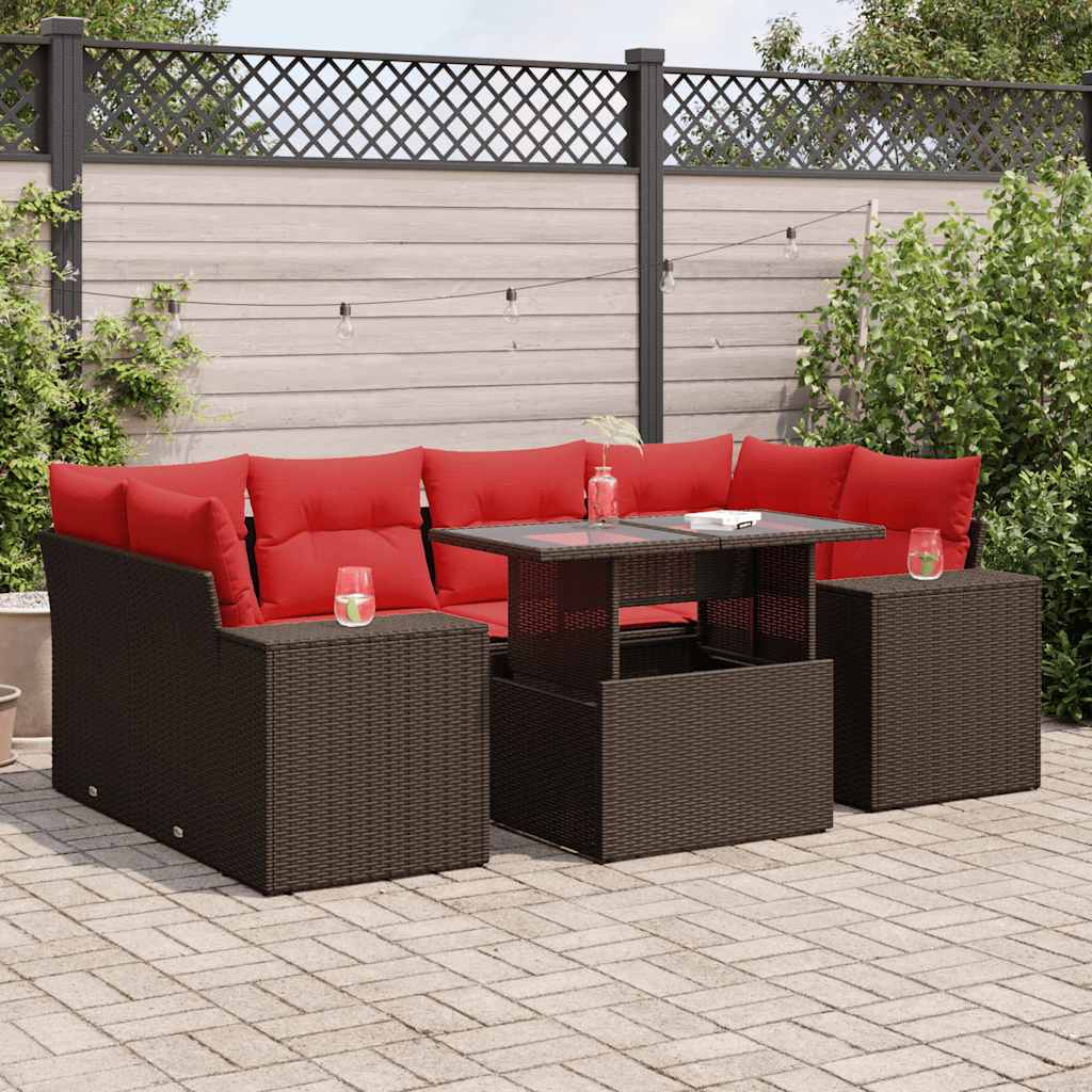 vidaXL 7-tlg. Garten-Sofagarnitur mit Kissen Braun Poly Rattan Akazie