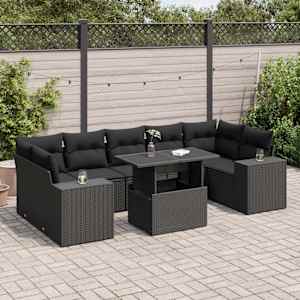 Vrtna sedežna garnitura 8-delna z blazinami črn poli ratan