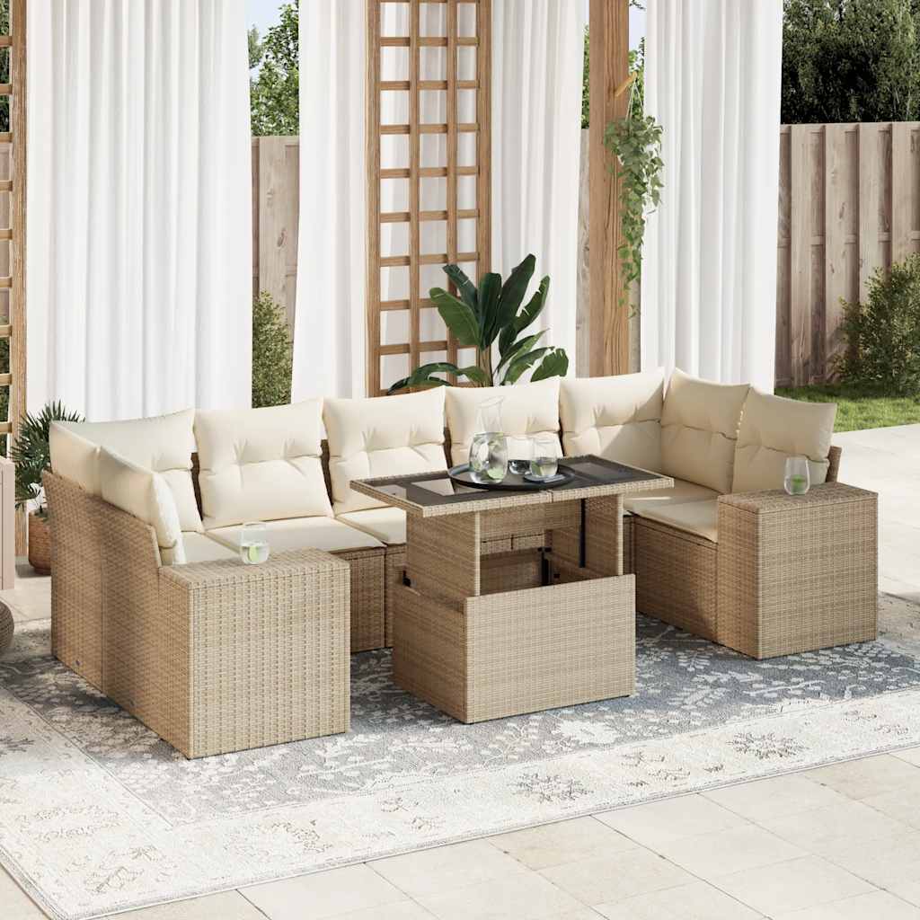 vidaXL 8-tlg. Garten-Sofagarnitur mit Kissen Beige Poly Rattan