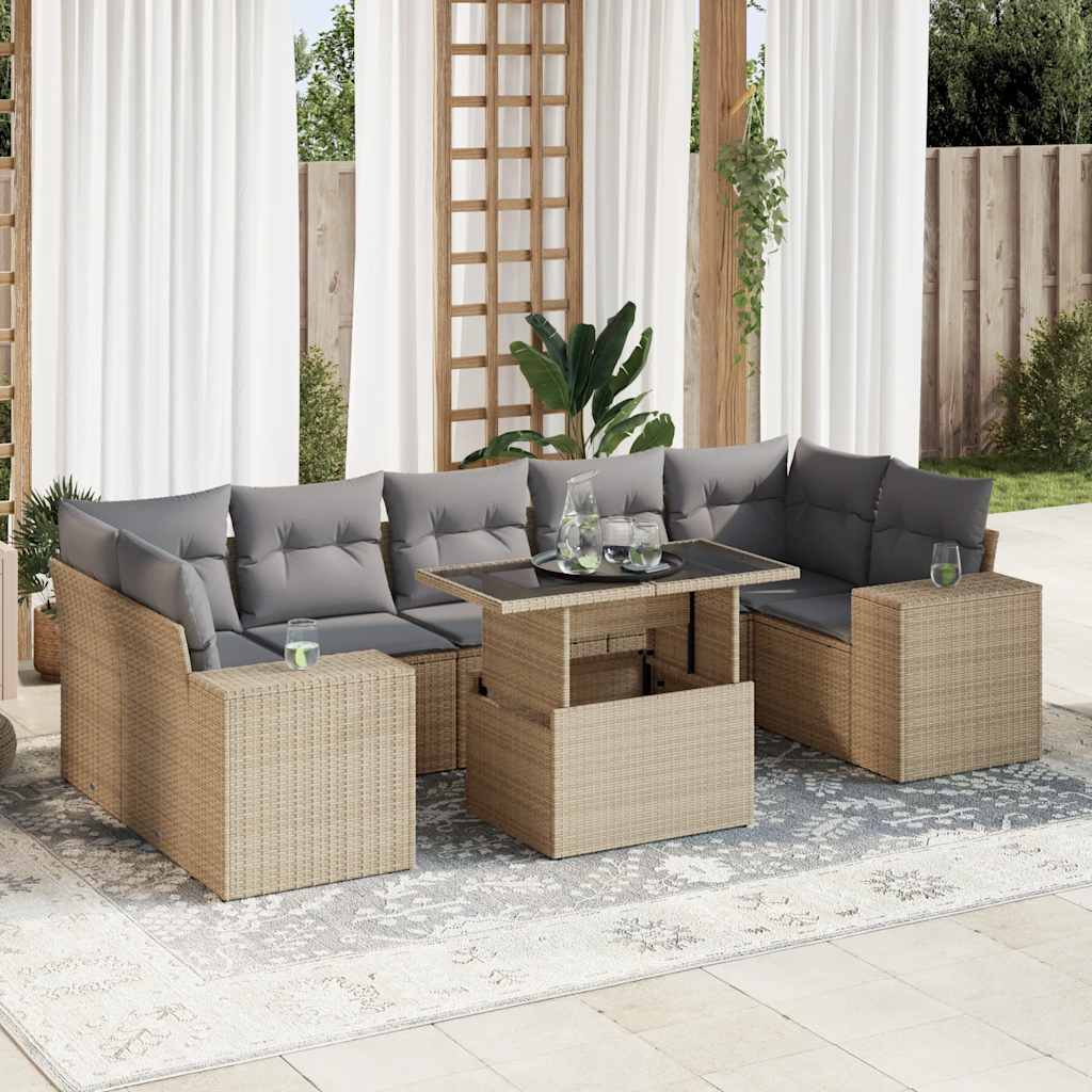 vidaXL 8-tlg. Garten-Sofagarnitur mit Kissen Beige Poly Rattan