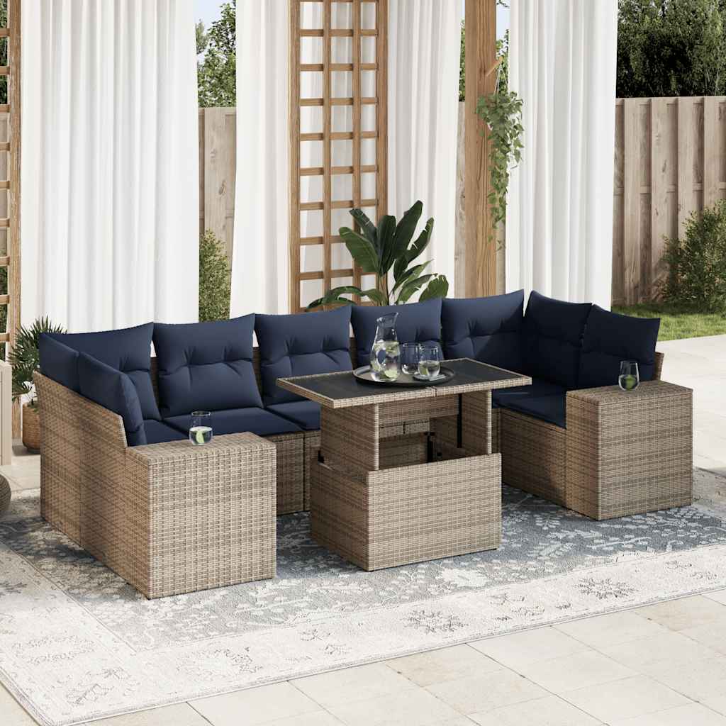 vidaXL 8-tlg. Garten-Sofagarnitur mit Kissen Grau Poly Rattan Akazie