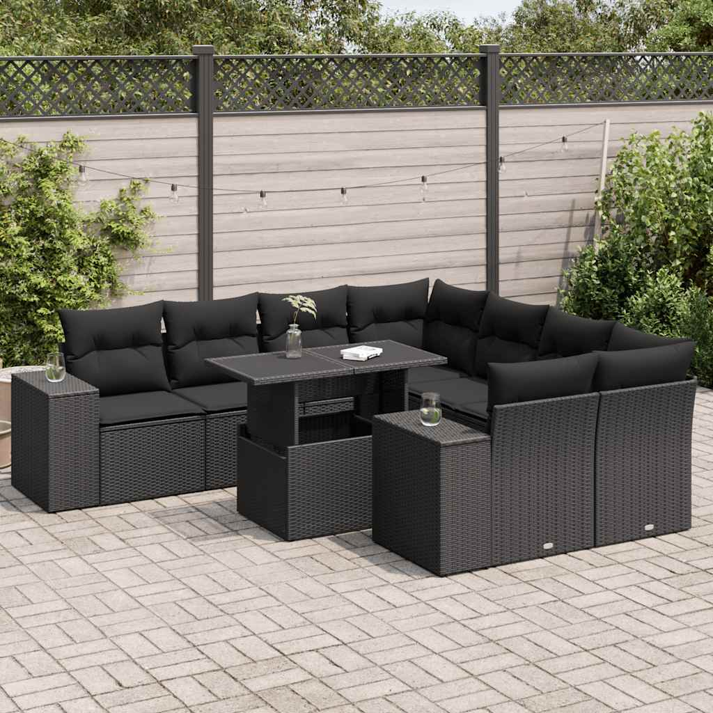 vidaXL 9-tlg. Garten-Sofagarnitur mit Kissen Schwarz Poly Rattan