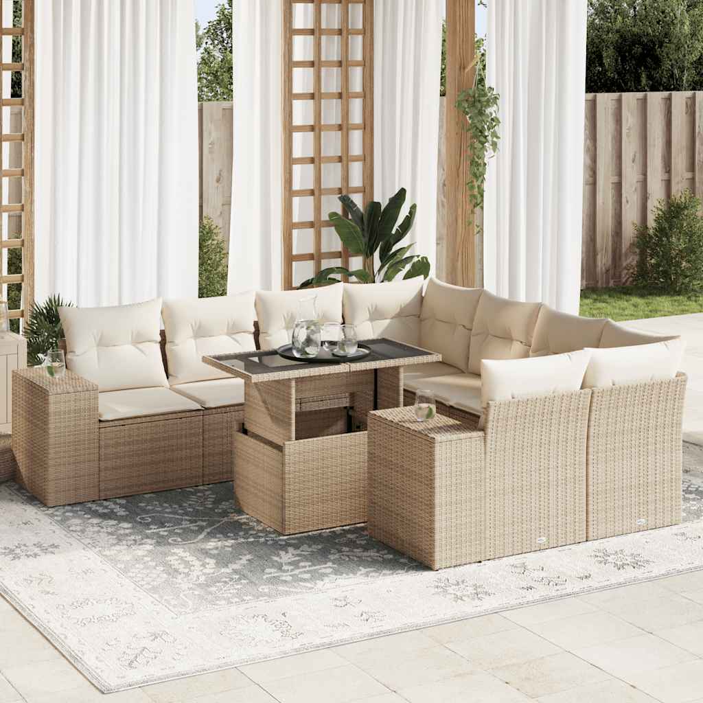 vidaXL Set canapele de grădină, 9 piese, cu perne, bej, poliratan