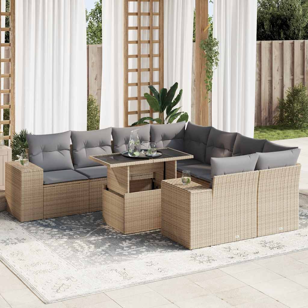 vidaXL 9-tlg. Garten-Sofagarnitur mit Kissen Beige Poly Rattan