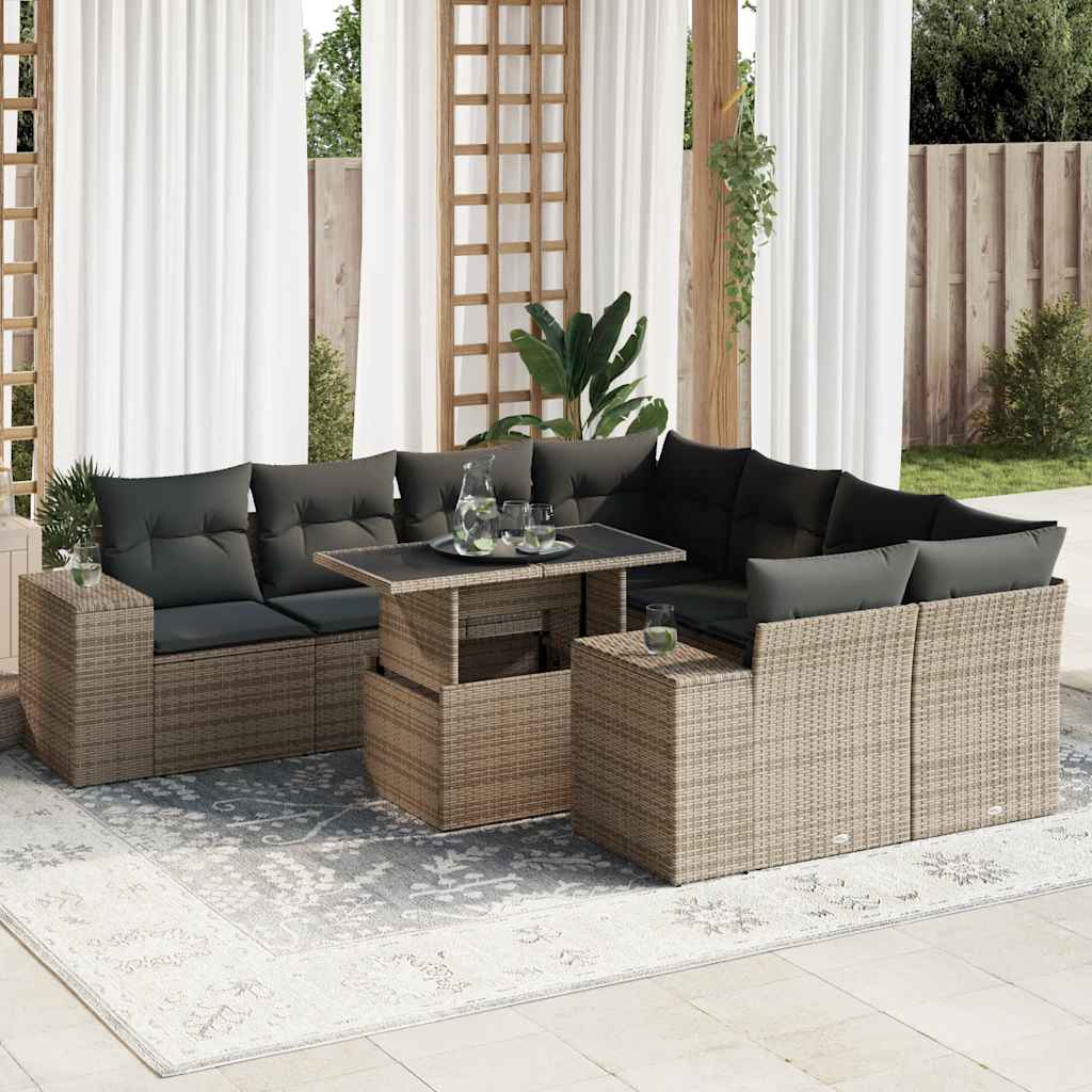 vidaXL 9-tlg. Garten-Sofagarnitur mit Kissen Grau Poly Rattan