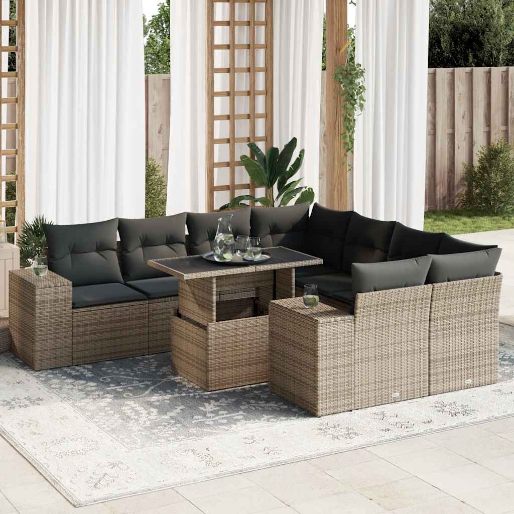 vidaXL Set canapele de grădină, 9 piese, cu perne, gri, poliratan