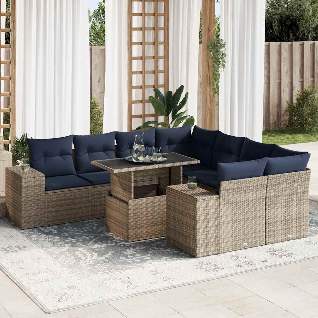 vidaXL 9-tlg. Garten-Sofagarnitur mit Kissen Grau Poly Rattan Akazie