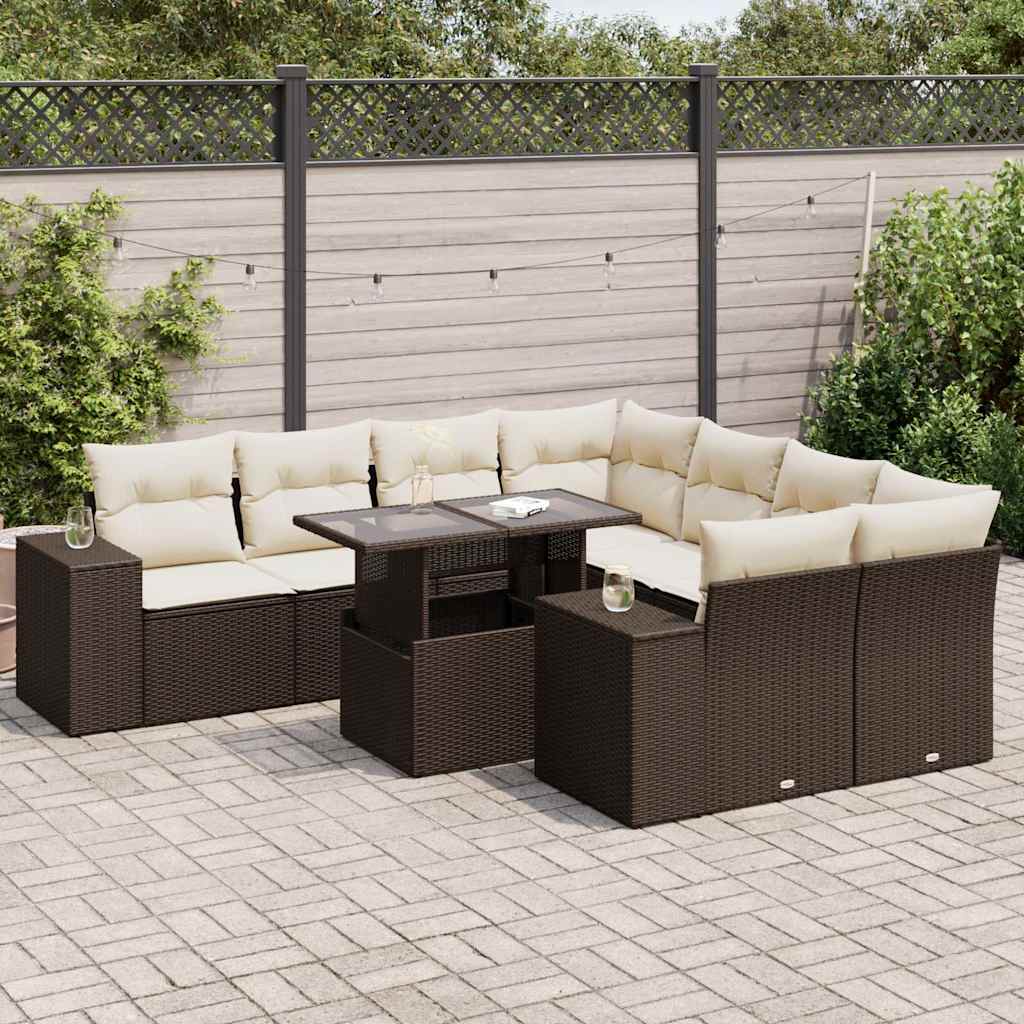 9-tlg. Garten-Sofagarnitur mit Kissen Braun Poly Rattan