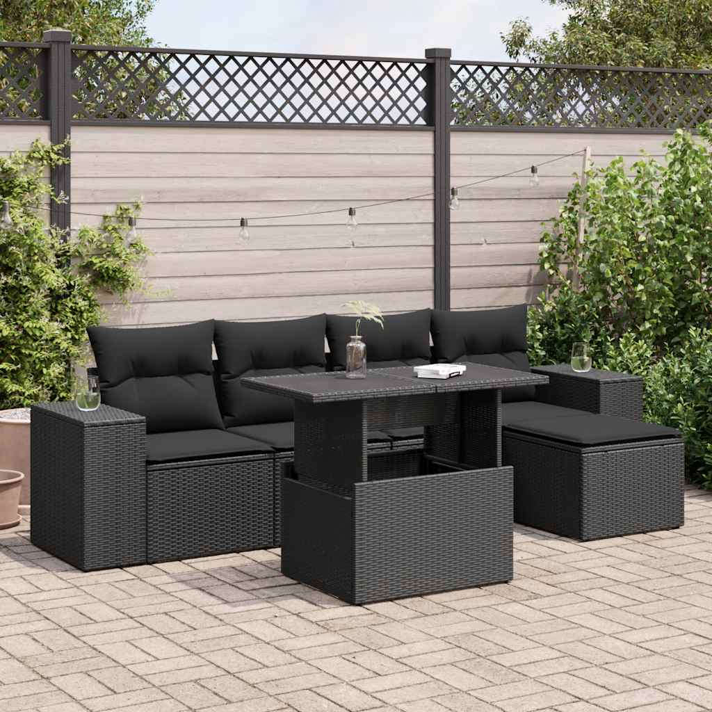 vidaXL 6-tlg. Garten-Sofagarnitur mit Kissen Schwarz Poly Rattan