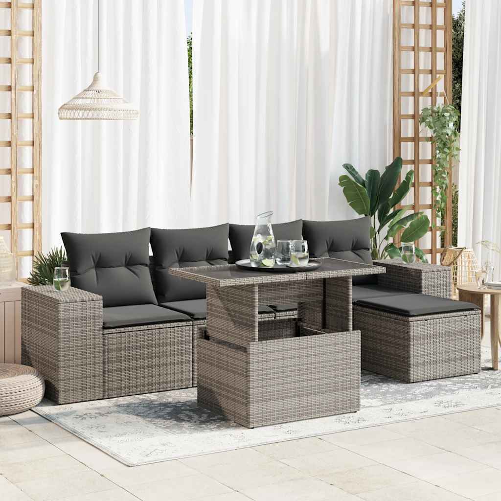 vidaXL 6-tlg. Garten-Sofagarnitur mit Kissen Grau Poly Rattan