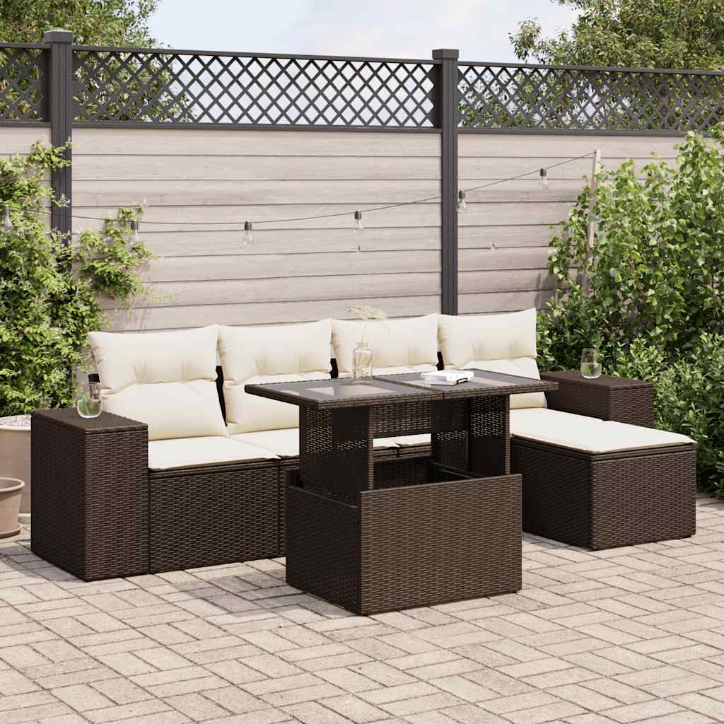 6-tlg. Garten-Sofagarnitur mit Kissen Braun Poly Rattan